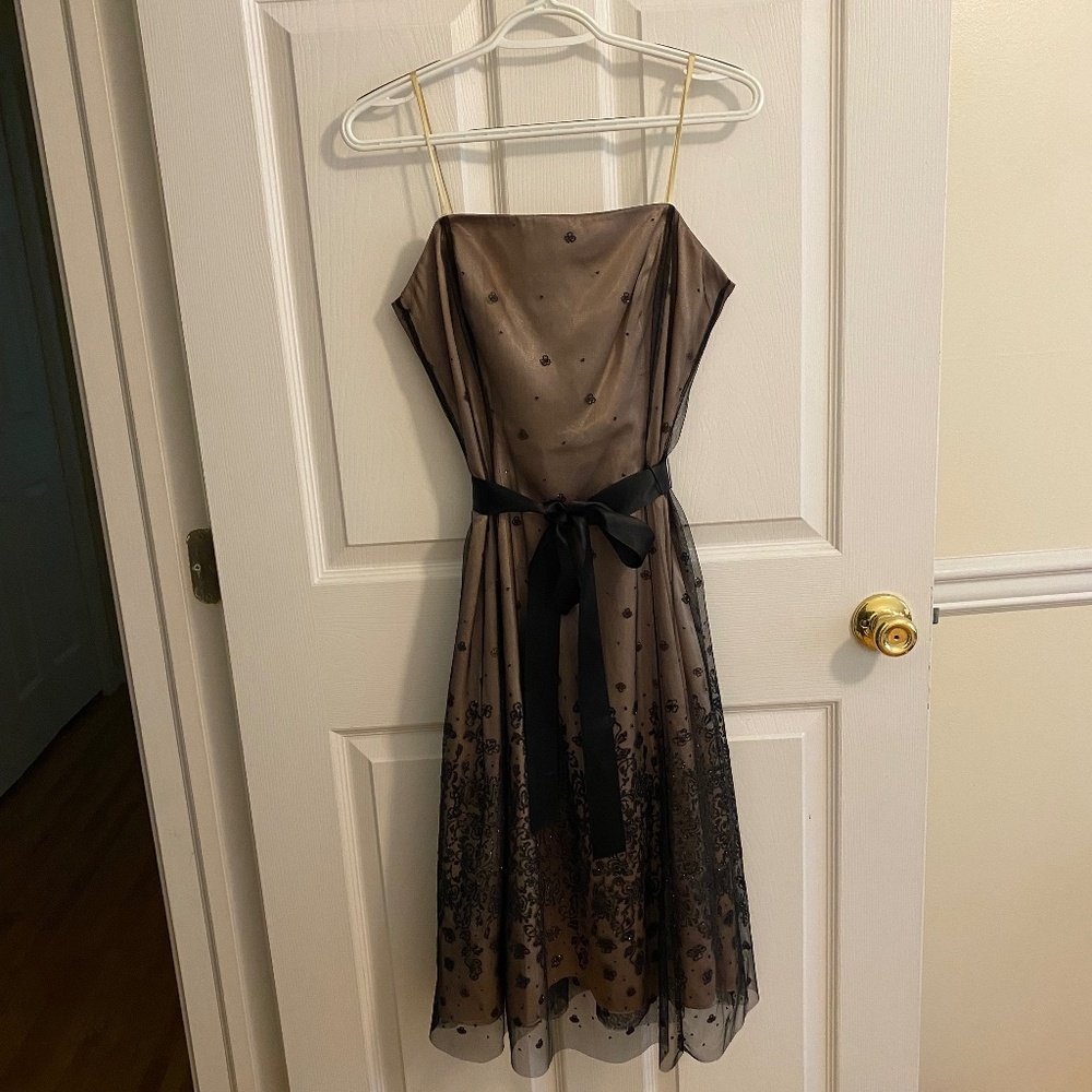 Adrianna Pappell Formal Sleeveless Dress with Glittery Black Flowers Size 6